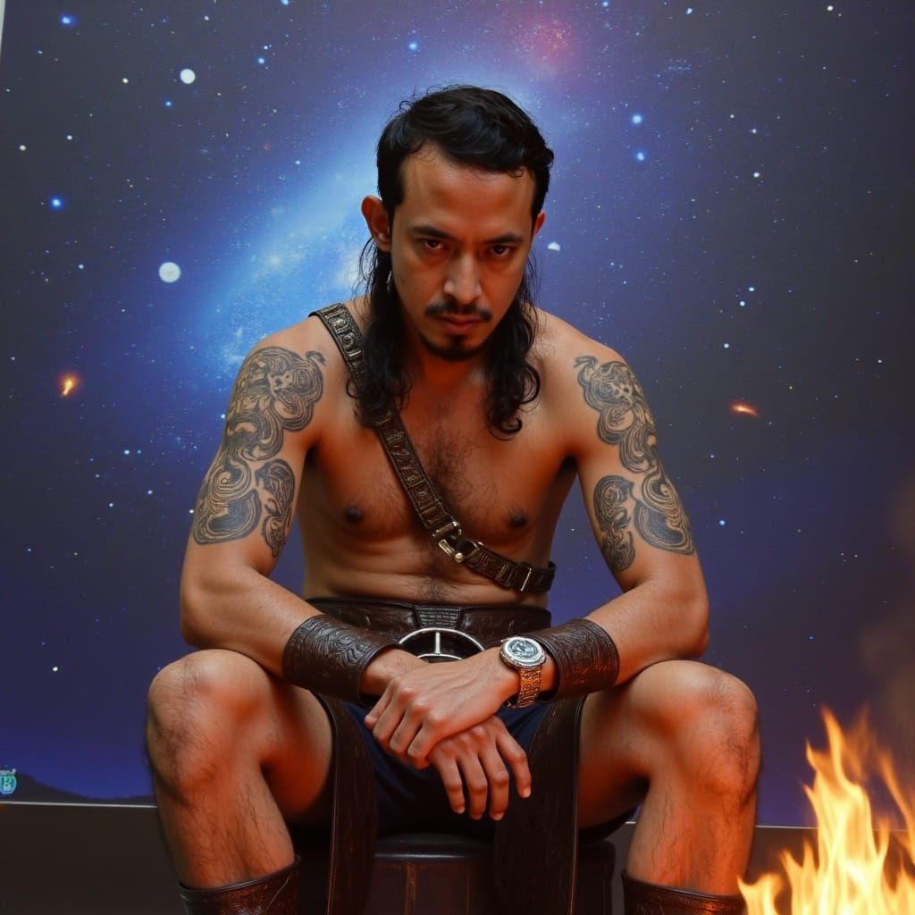 Barbarian by Campfire with Galaxies, Detailed Portrait