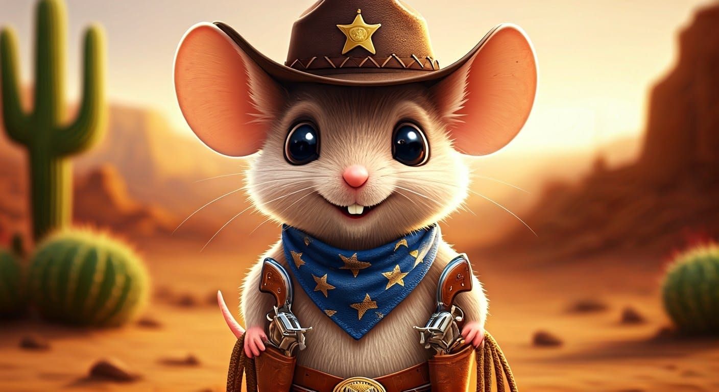 (CGI image of a cute mouse dressed like a sheriff cowboy), small expressive eyes, playful smile, wearing ...  by @Arturex