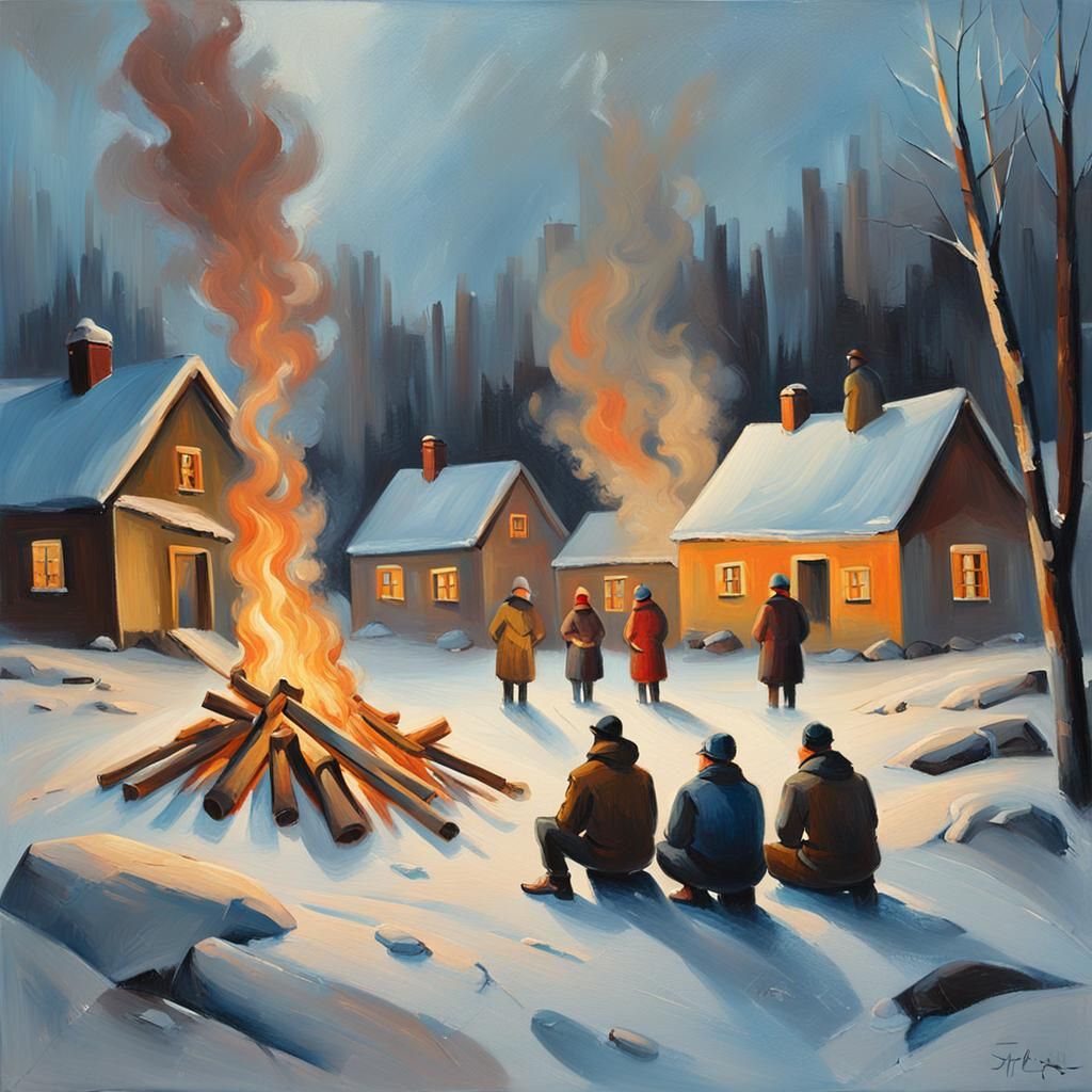 An outdoor winter scene in a rural Scandinavian village, wit...