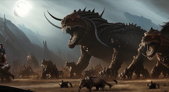 "Gypsy Warriors Male and Female riding alien beasts" Dark Fa...
