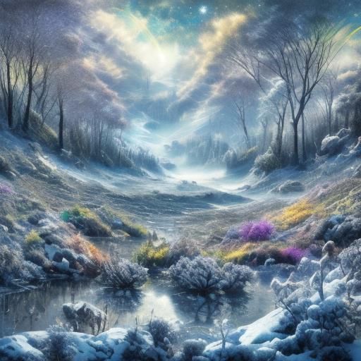 <lora:Beauty of landscape:1.0> Fantasy cosmic landscape, hills, forests, flowers, celestial glittery swirling landscape in blue, black and s...
