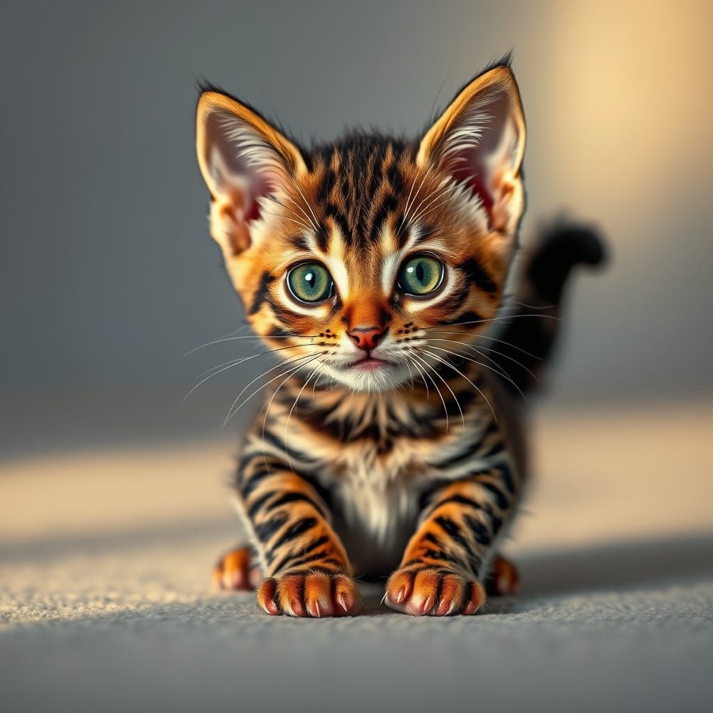 kitten with black-spotted fur, large emerald eyes sparkling with curiosity