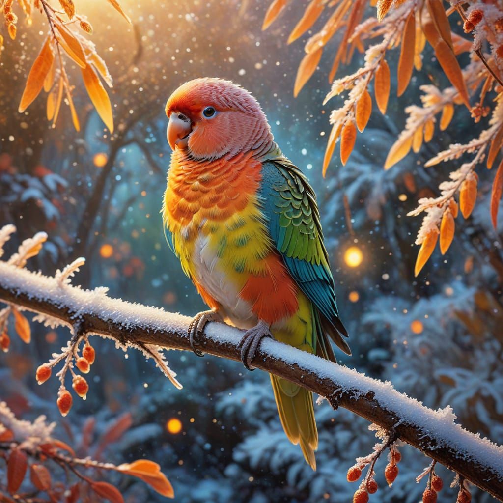 parakeet perched on a frost-laden autumn branch   by @Victoria G