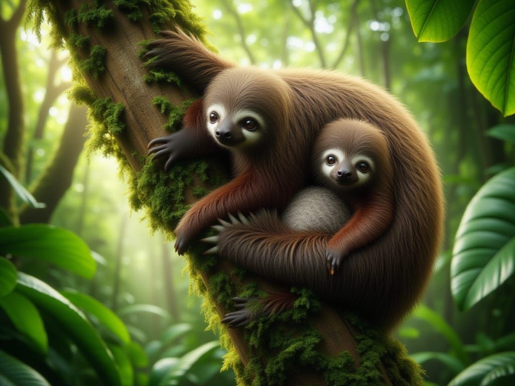 <lora:FiosExoticMammals:1.0> Three toed Sloth mother and baby