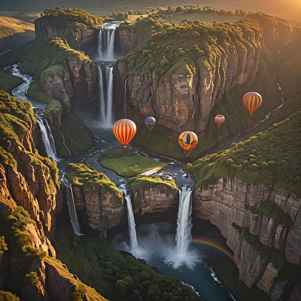 hot air balloon, waterfall, sunset