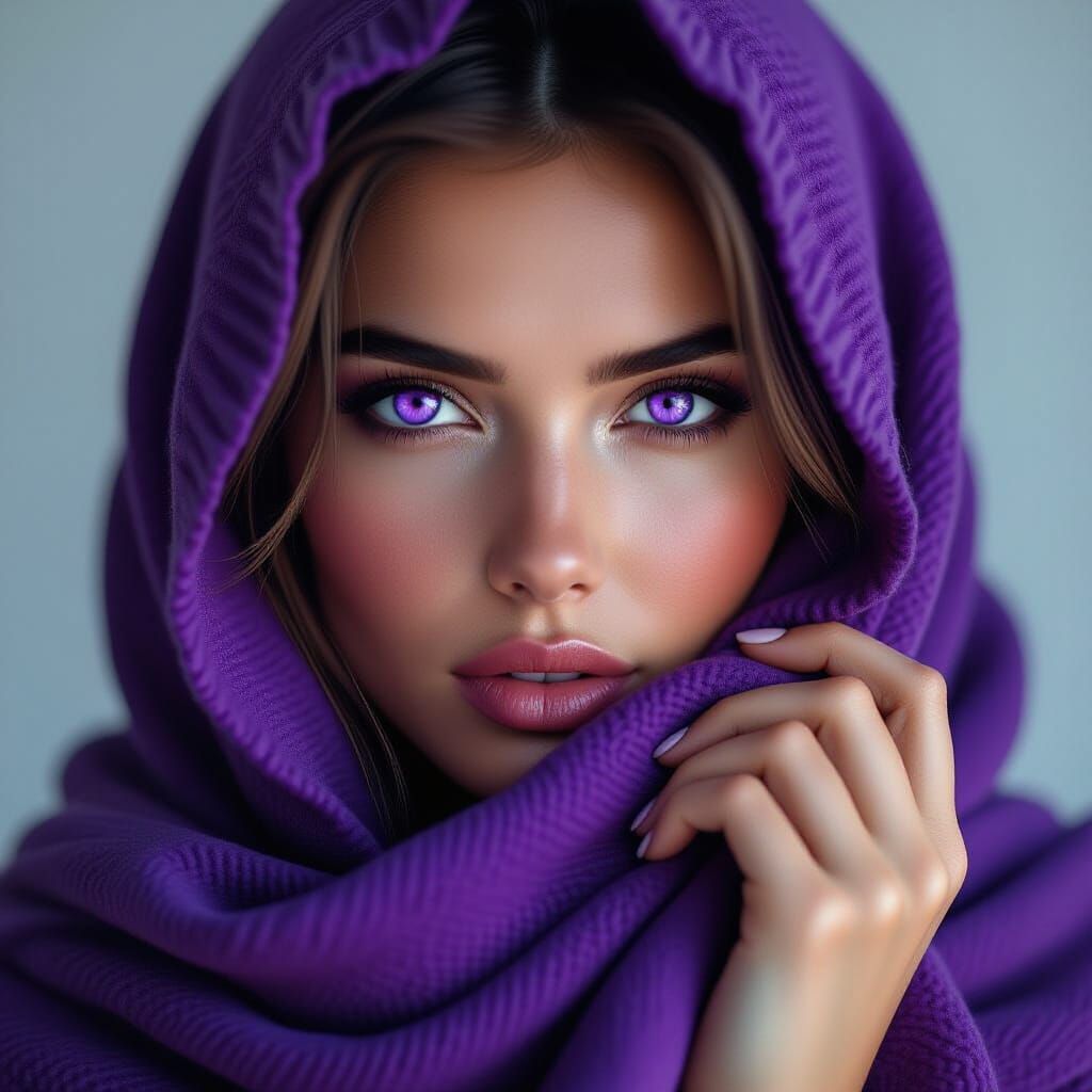 Woman with Purple Eyes: Hyperrealistic Digital Portrait