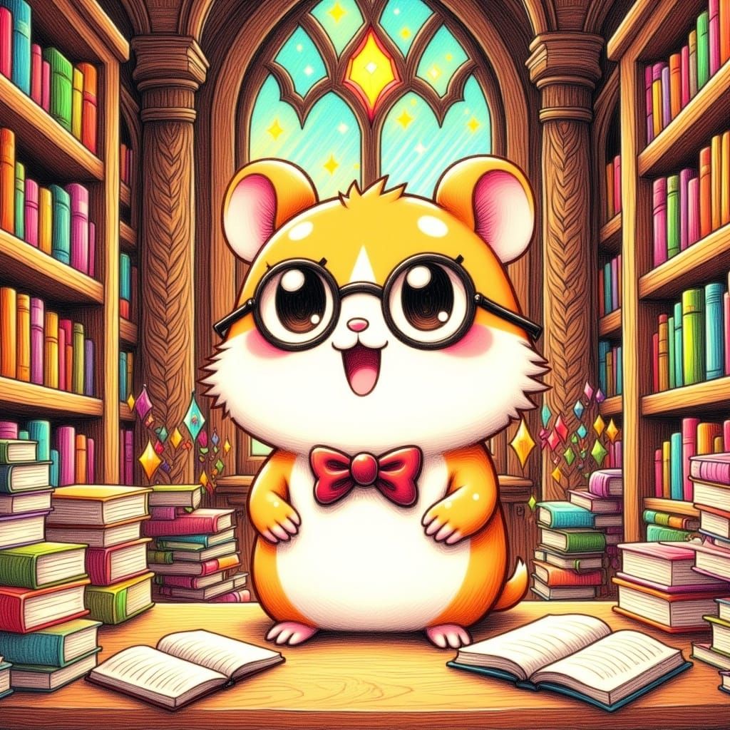 <lora:StoryFlux:1.0>cartoon , chibi hamster in a library ,   furry cute creature ,  colorful   manor library, line shaded