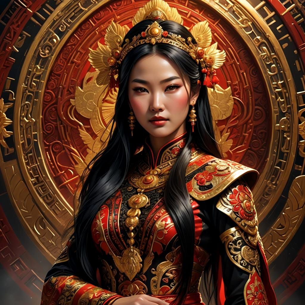 Beautiful Asian Woman - Red, Black & Gold