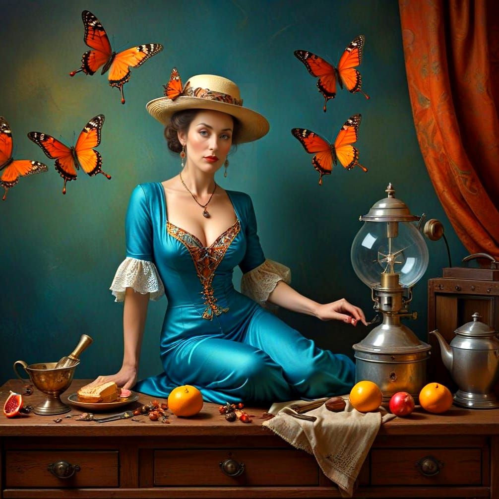 Surrealistic Lady in Whimsical Fantasy Scene