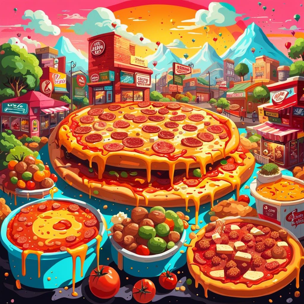 Colorful illustrations of crazy food places, like pizza land...