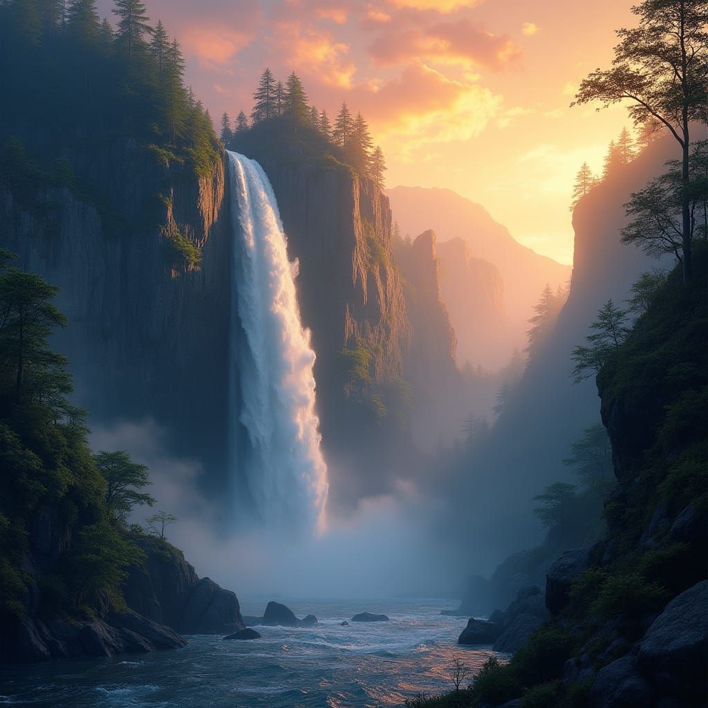 Majestic Waterfall at Sunset, in Vibrant Colors and Intricat...