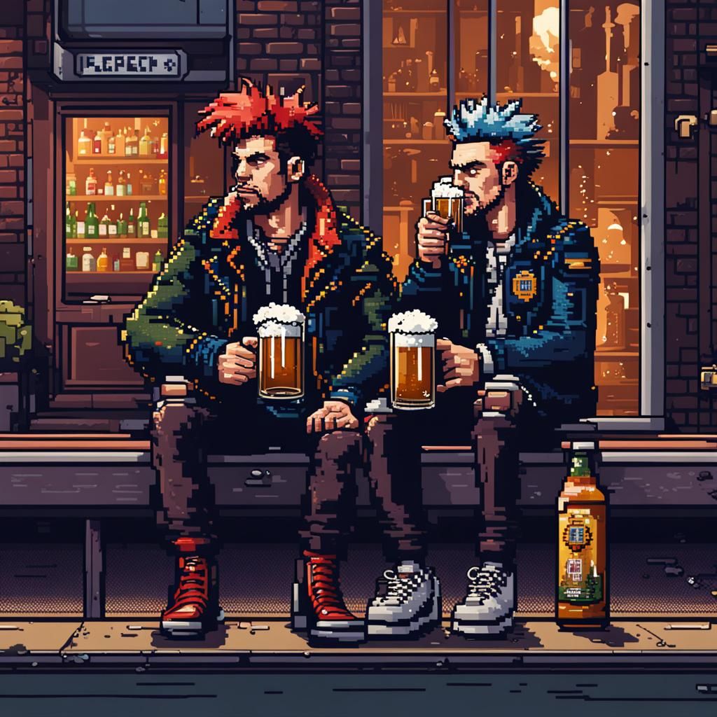 A pixel art 8 bit. Portrait of a English punk couple drinkin...
