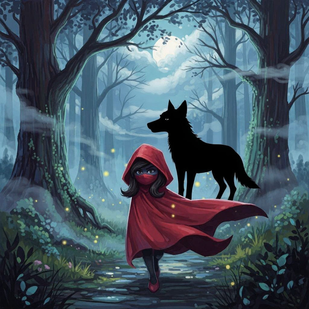 Mysterious Brunette smurfette as little red riding hood in a forest in the style of night cafe
