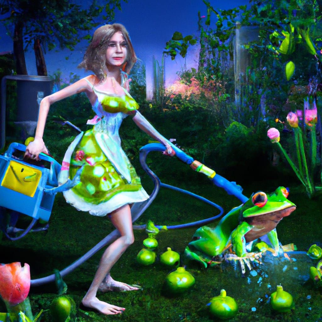 cheerful young frog wife in a sundress happily vacuuming tomato garden at night