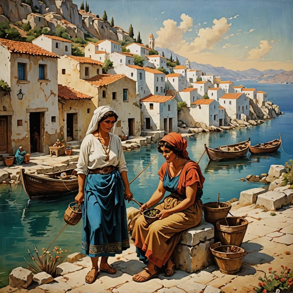 Quaint Vintage Greek Mediterranean Fishing Village Women   by @Loving the Impressionists