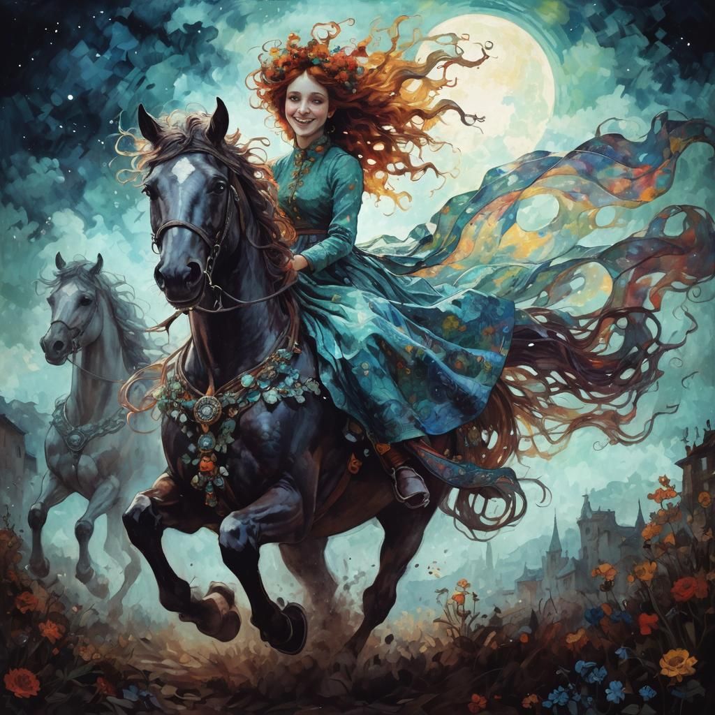 Smiling girl horse triadic colors Tim Burton Van Gogh Alphonse Mucha deep color 