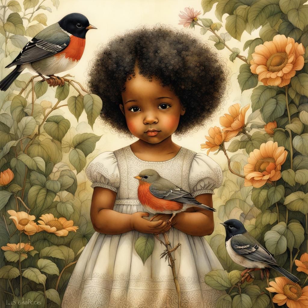 cute black toddler girl holds a robin in her hand, in the ga...
