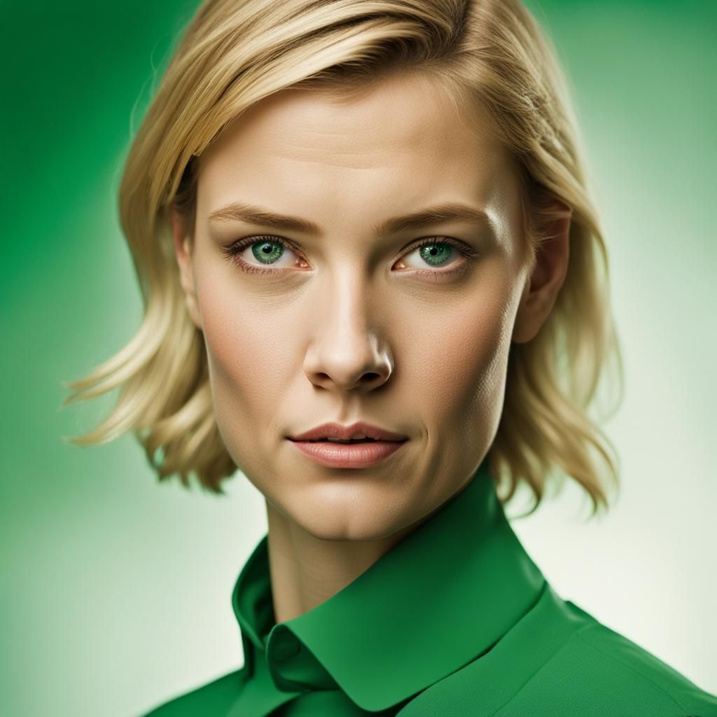 a young rounded blond woman wearing a blouse over a solid gr...