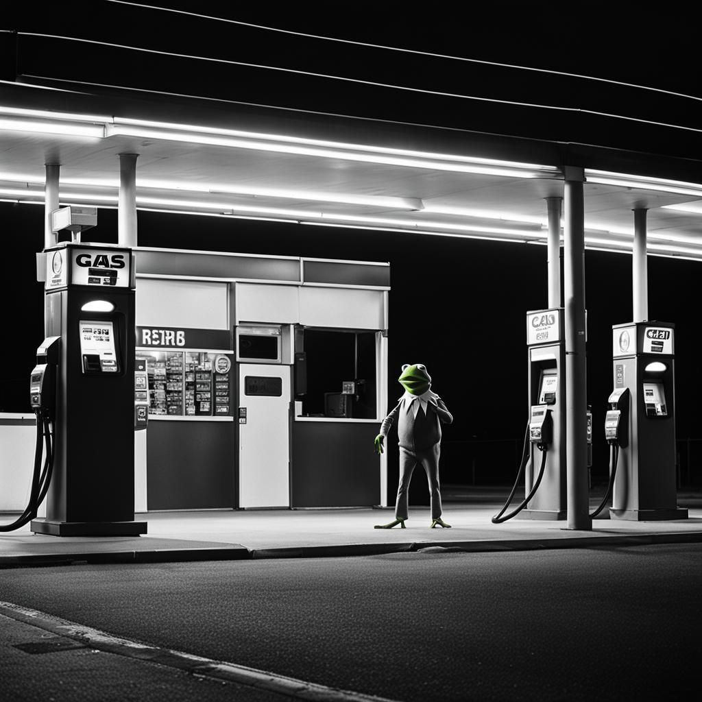 Kermit The Frog standing ominously in front of a gas station...