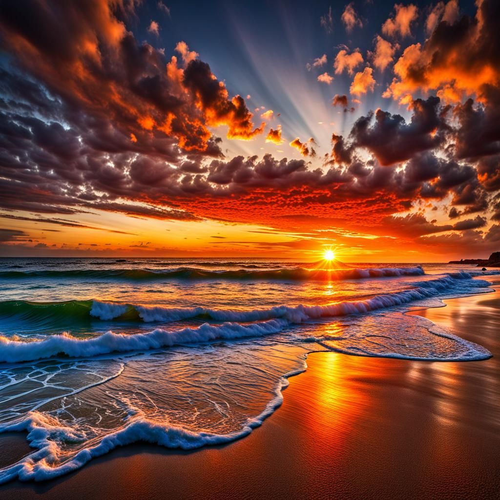 Stunning Sunset Over Beach: Hyperrealistic Art Photography