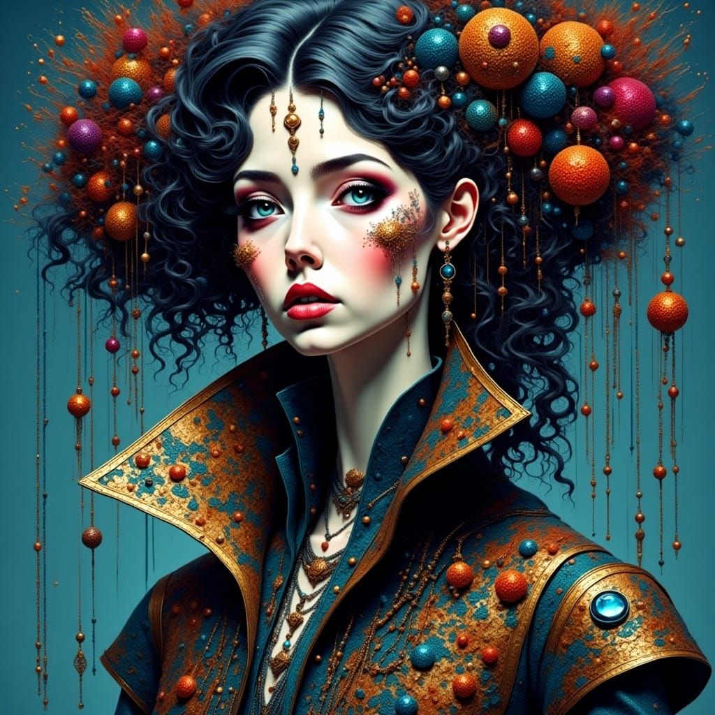  <lora:SybilThorn-3:1.0> portrait of a beautiful woman wearing intricately detailed colorful clothing and futuristic jewelry.