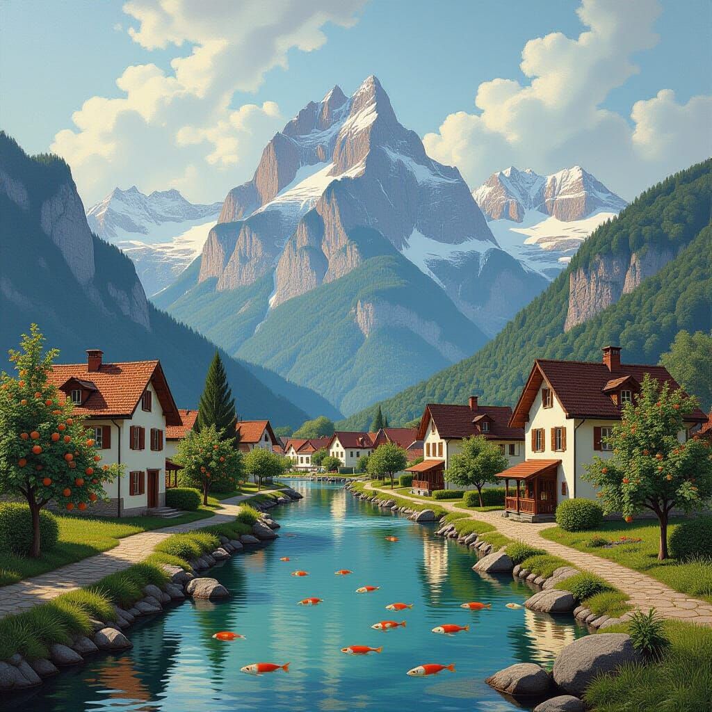 Mountain Village in Academic Painting Style