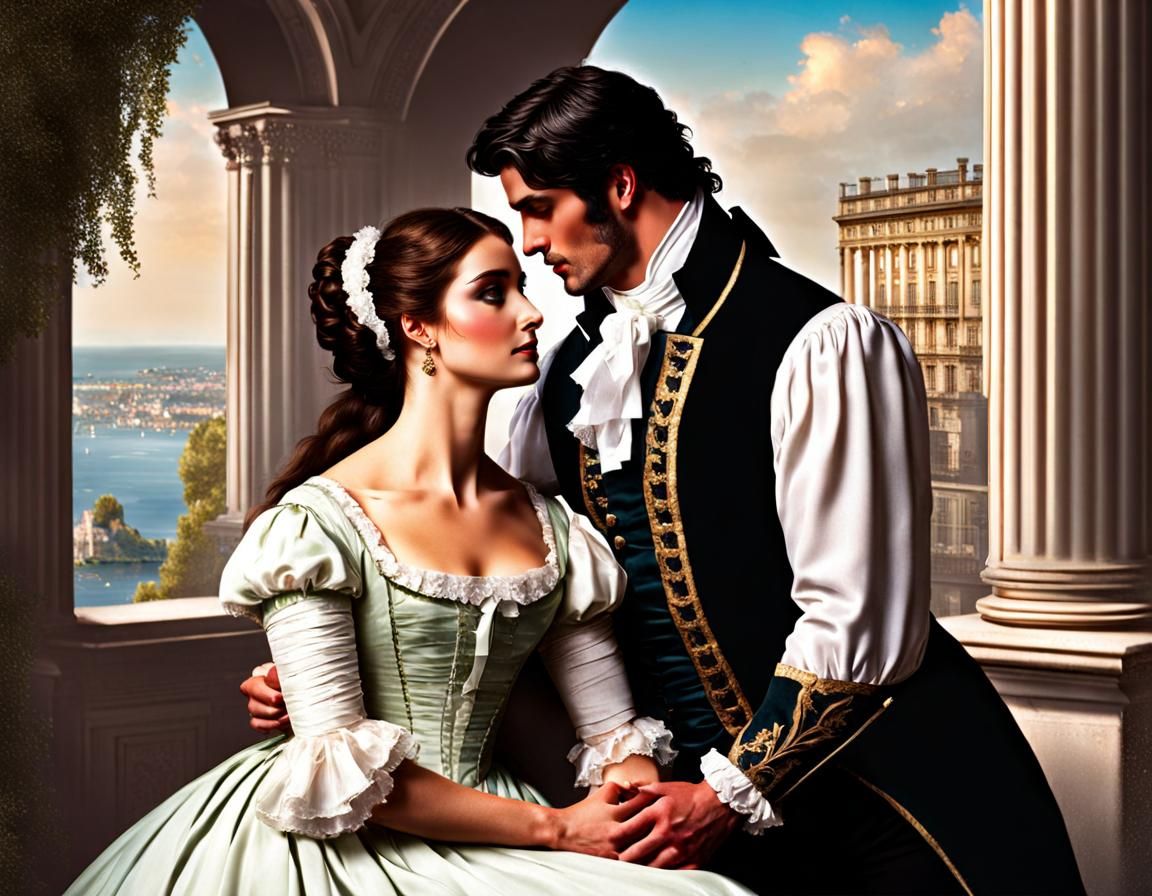 Regency Romance cover, young couple flirting