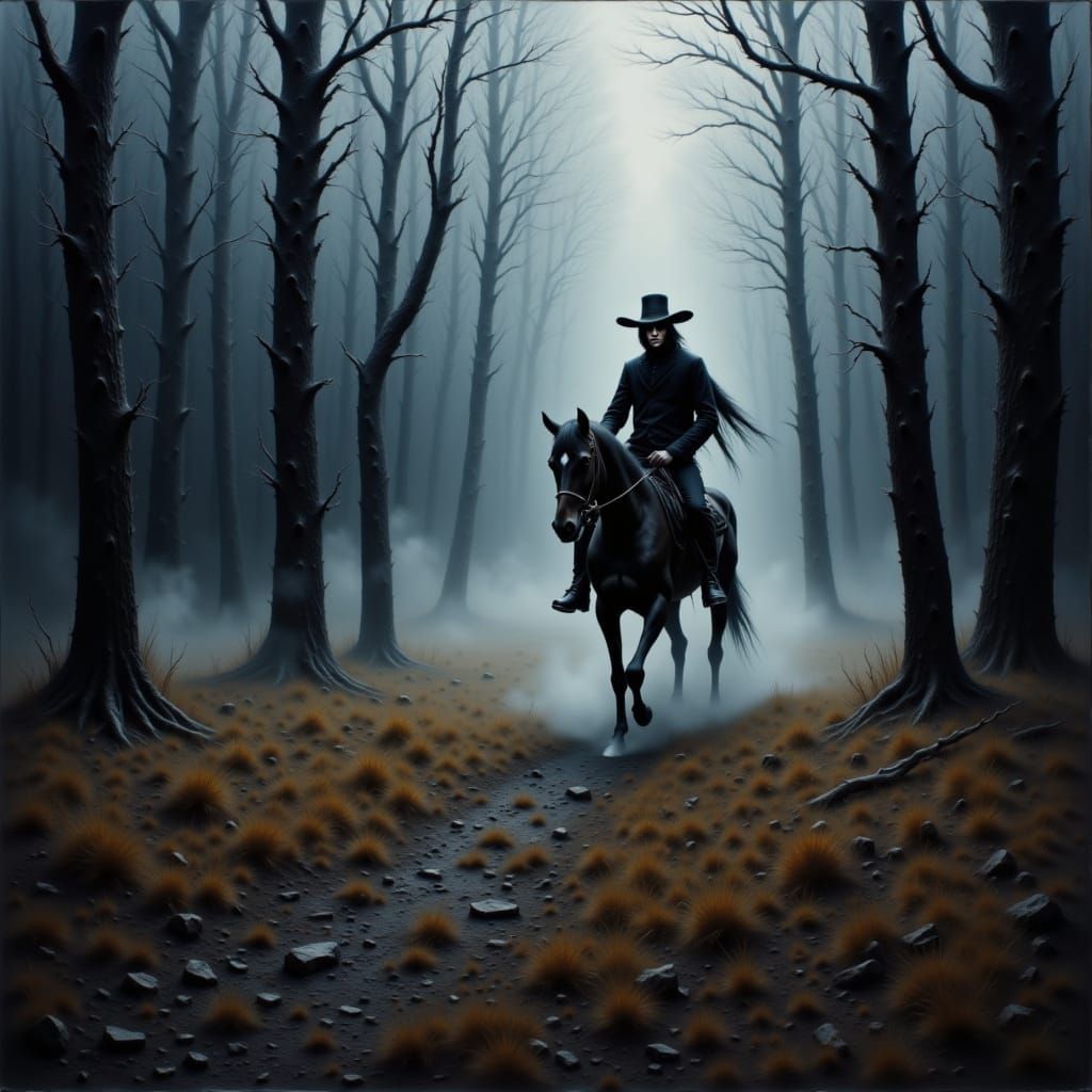 <lora:Gothic Halloween 1-1:1.0> Headless horseman charging through a misty forest path