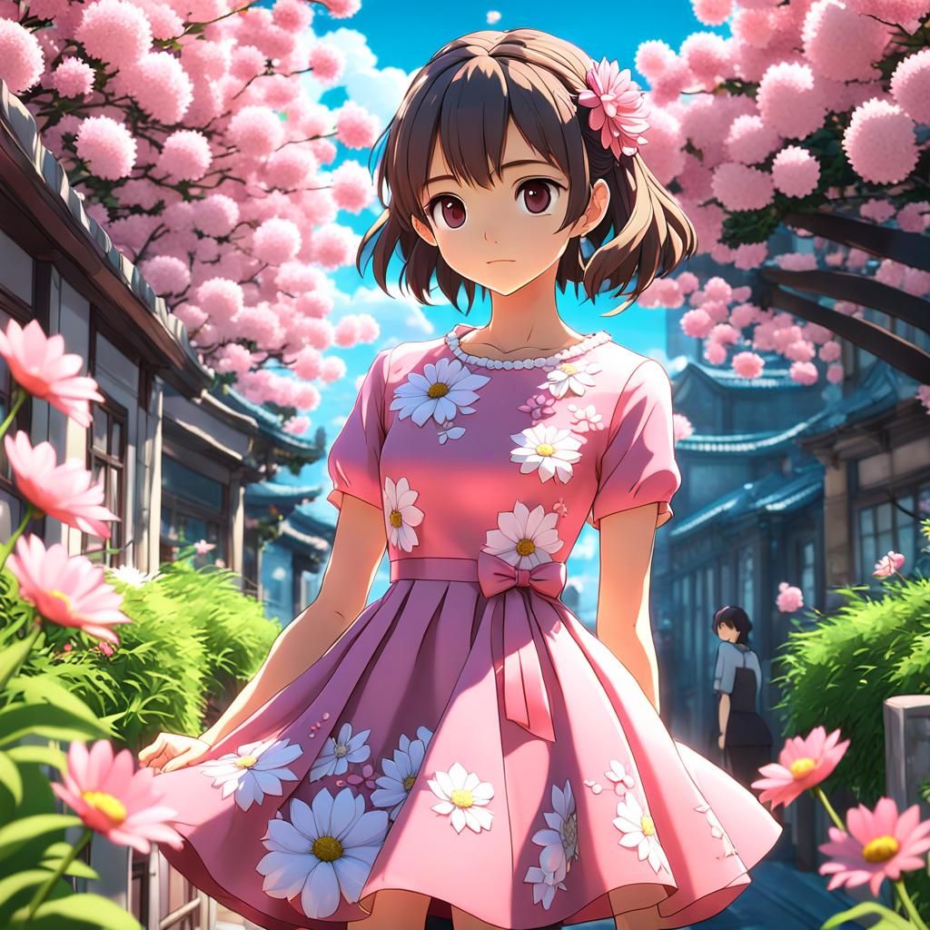 A anime girl in pink short sleeves 3d flowers a line round n...