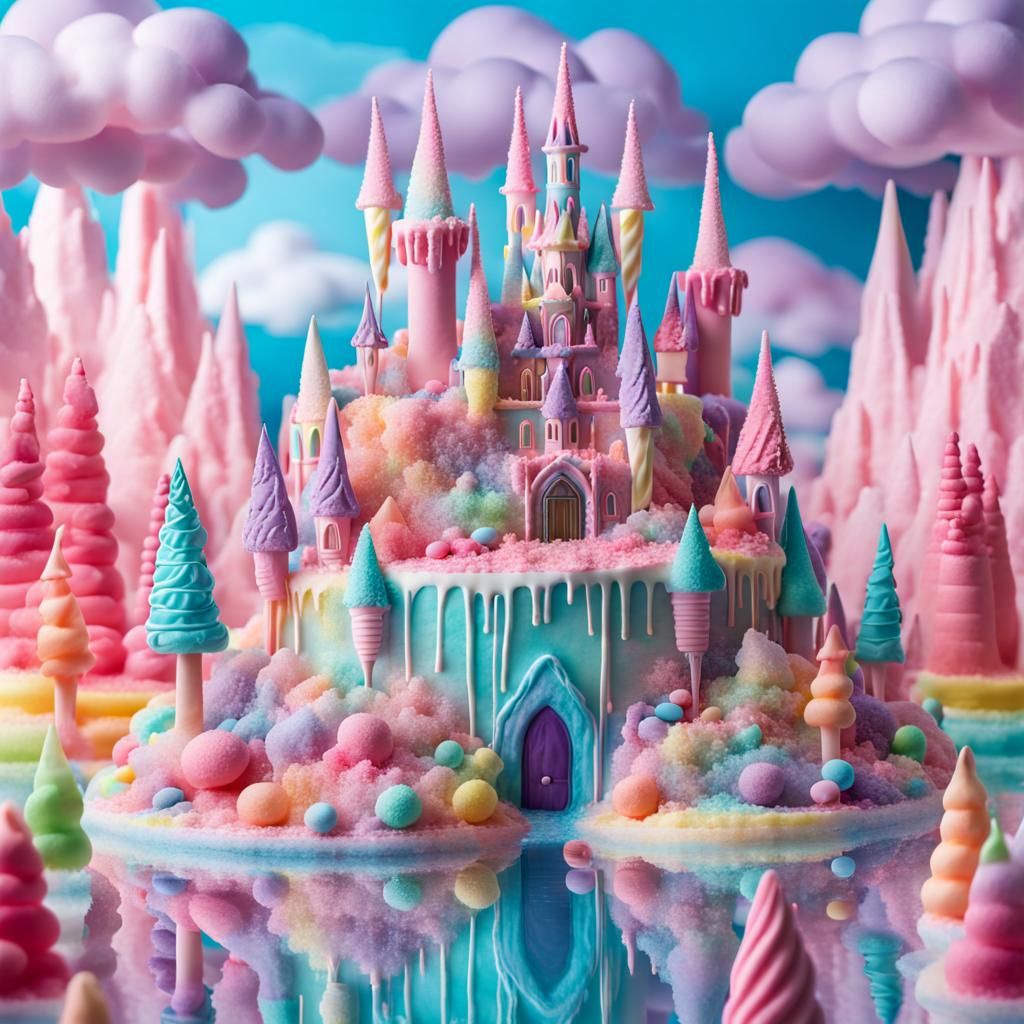 A gothic Princess's fairy castle made from colourful candy set in an ice cream lake, Sugar coated mountains, ...  by @Drac_Rosenberg