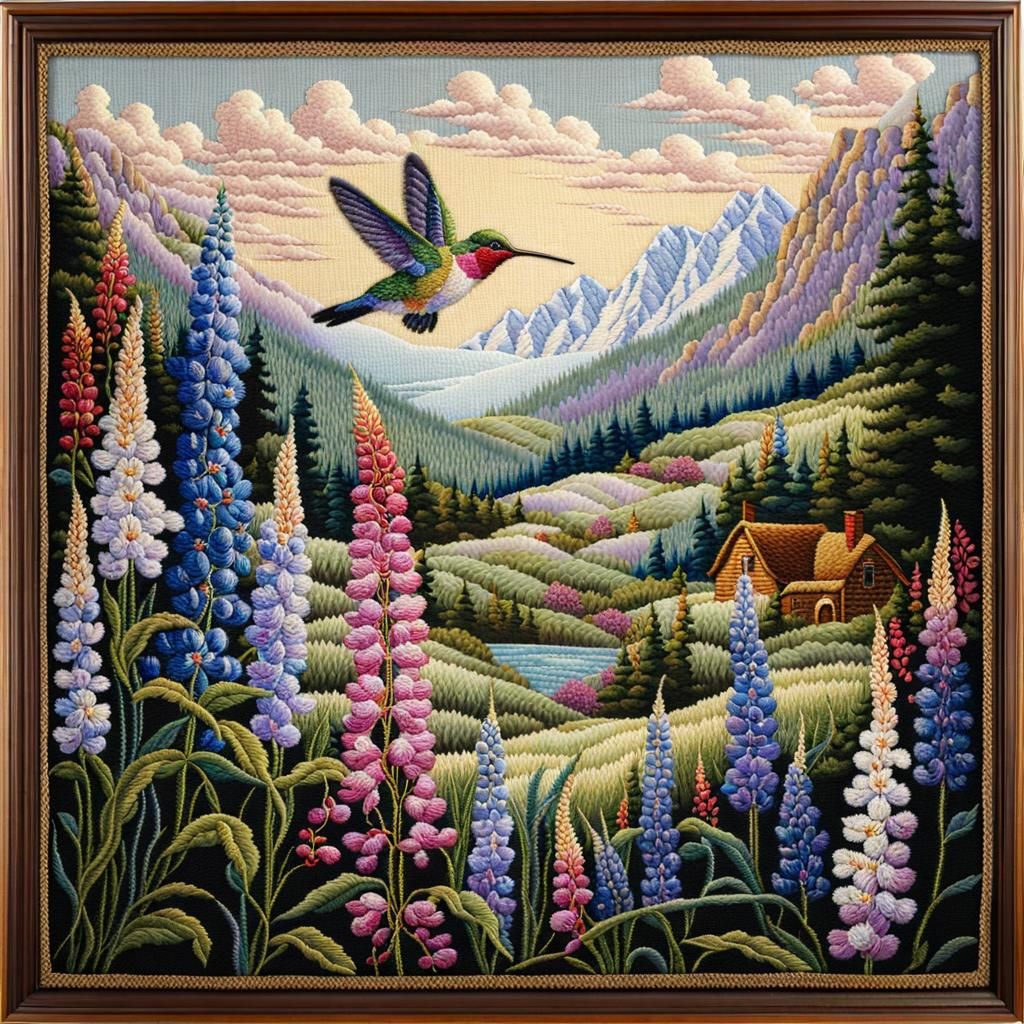 Embroidered Tapestry of Hummingbird sipping from a field of lupine; embroidery, 
stitchwork, needlepoint, ...  by @Ishya