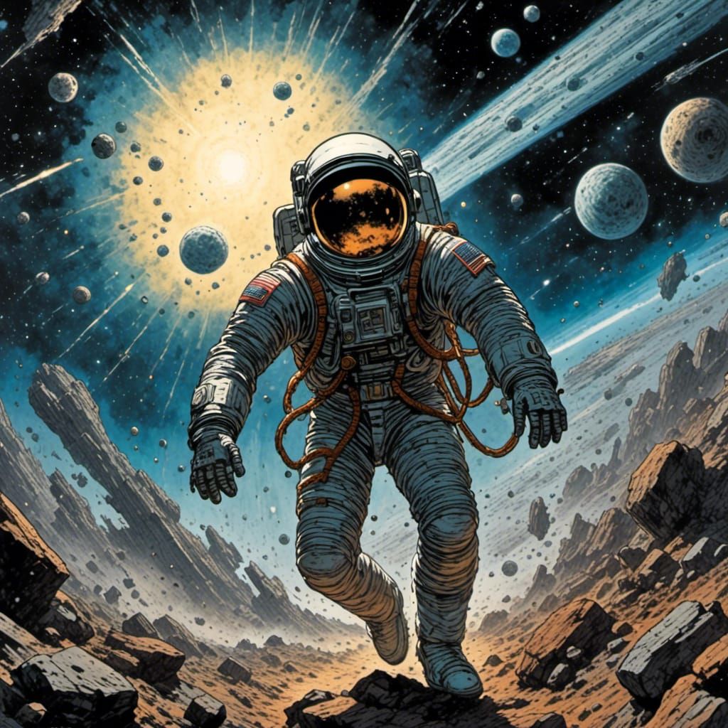 Spaceman navigating an asteroid field,<lora:Caffeinated Cosmic:1.0> comic book art 