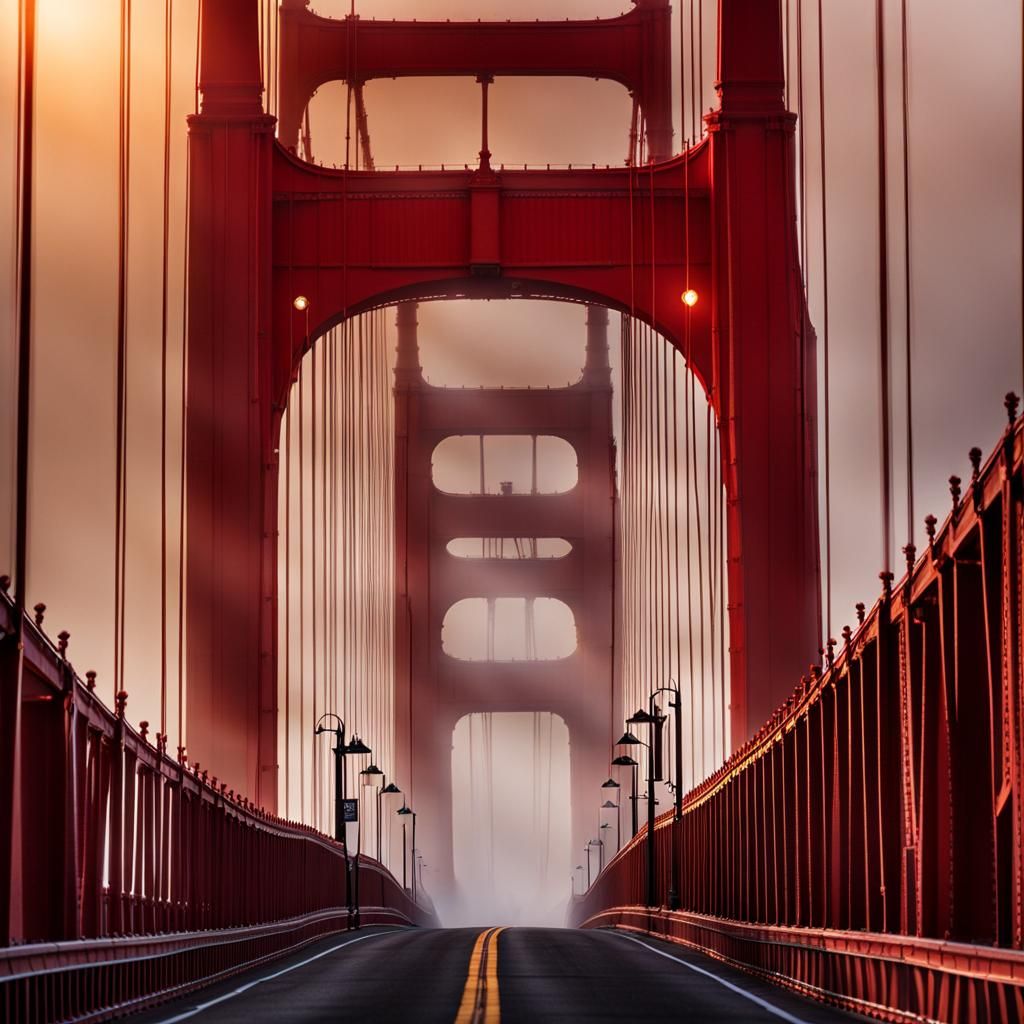 the golden gate bridge on a misty evening, highly detailed, ...