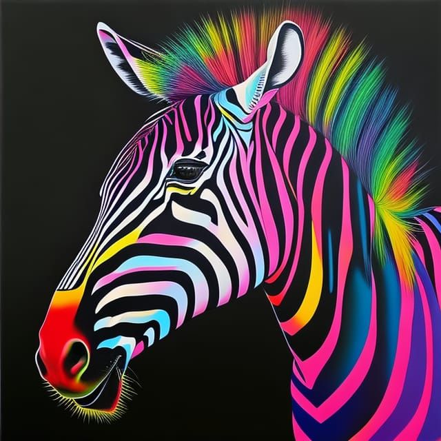 Zebra with rainbow stripes graffiti art, street art, spray paint, oil