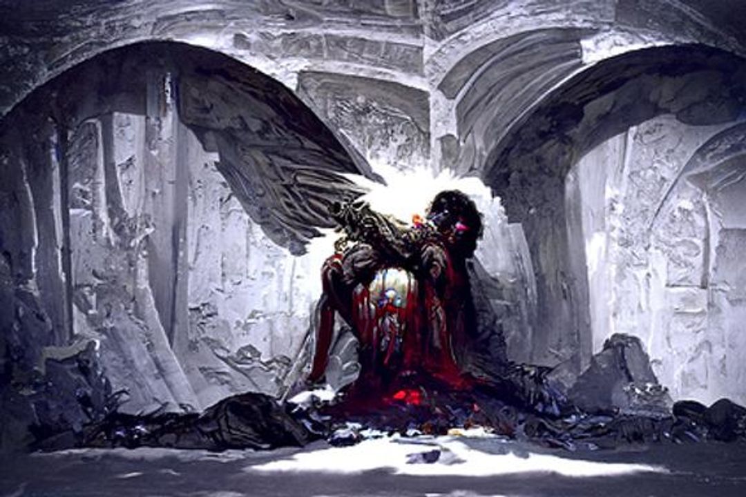 Bleeding Angel in ancient crypt horror Gustave Doré Greg Rutkowski AI