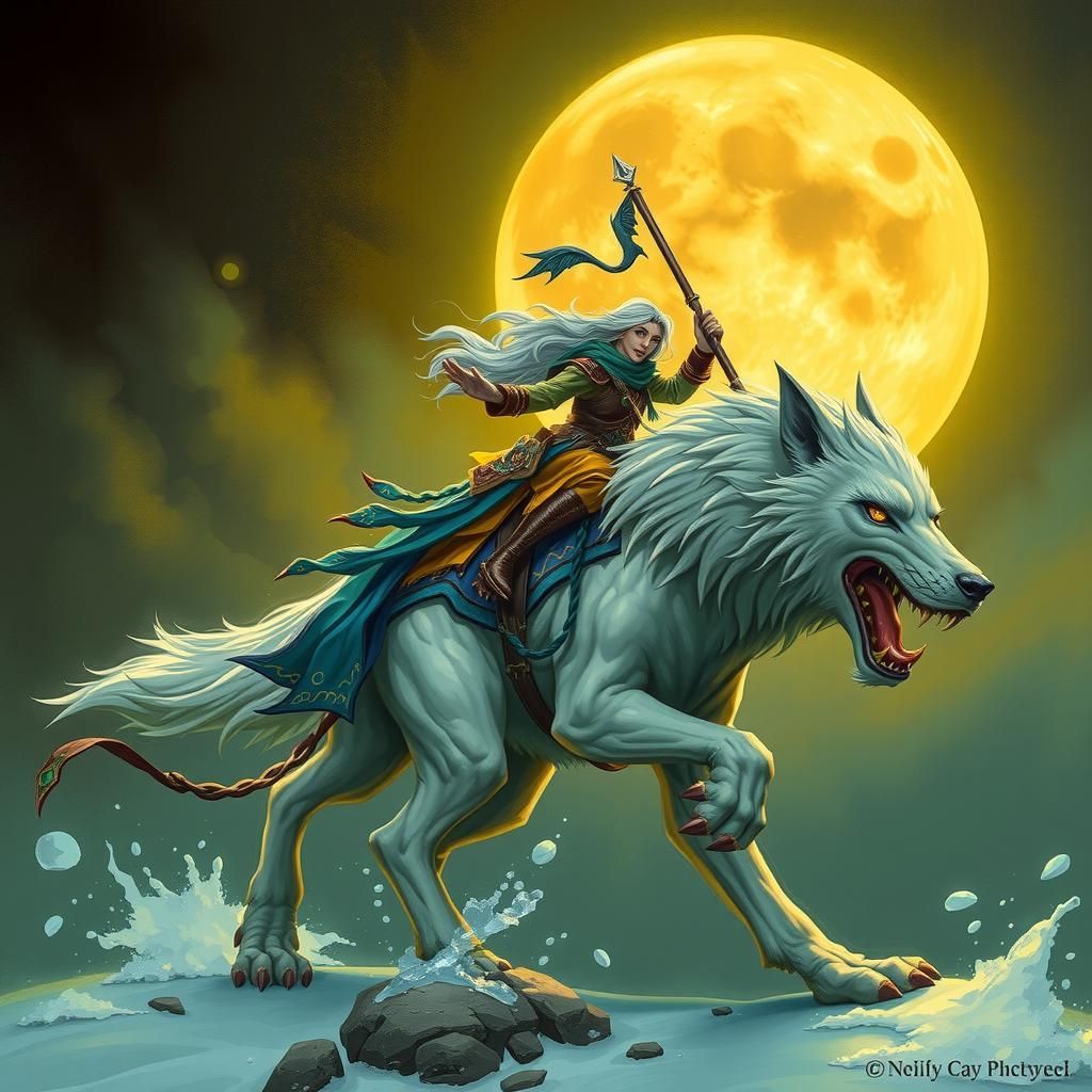 RPG character riding the Fenrir wolf  by @Grolribasi