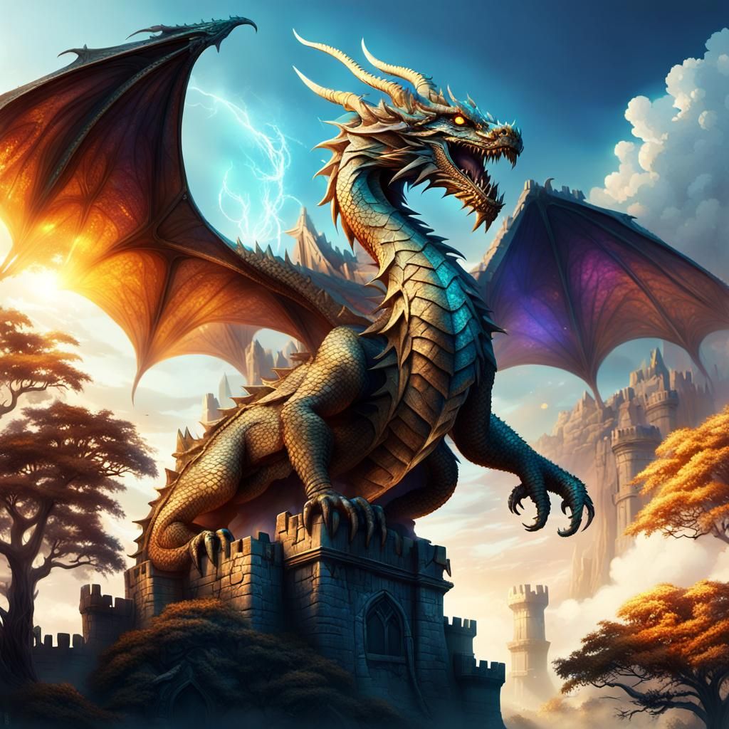 Majestic Dragon Perched Atop Ruined Castle