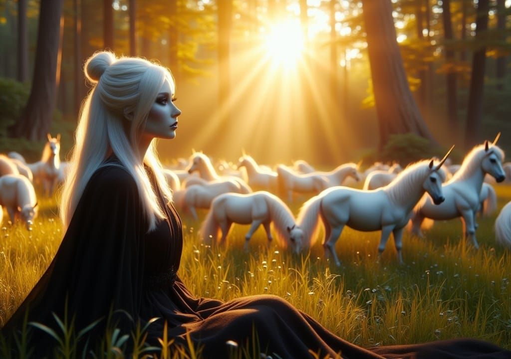 <lora:Drow Flux:1.0> <lora:Drow:1.0> A serene drow mage sits in a lush field, watching herds of shimmering unicorns graze and frolic under a...