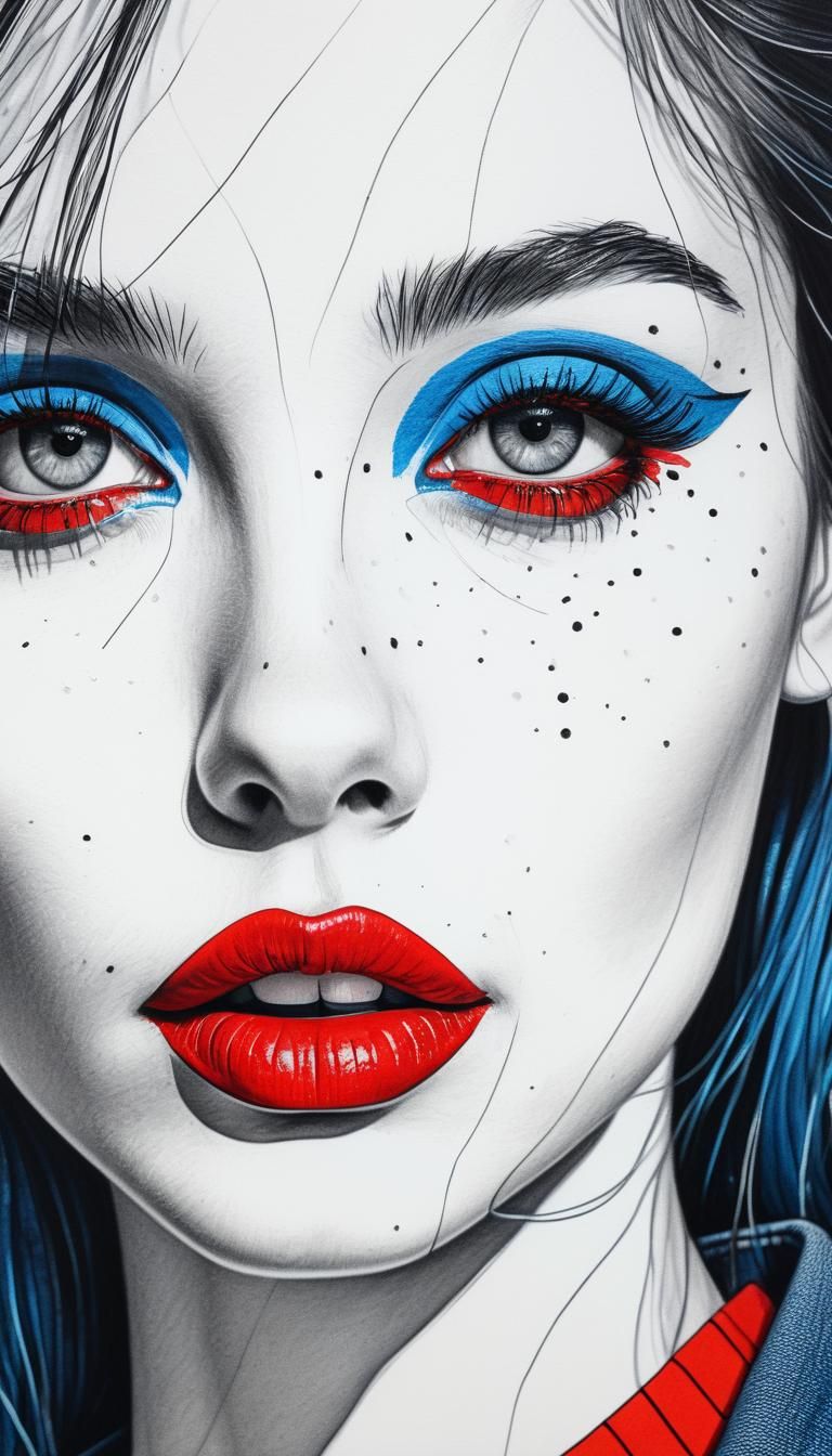 Half-length woman clad in vibrant denim, lips painted in str...