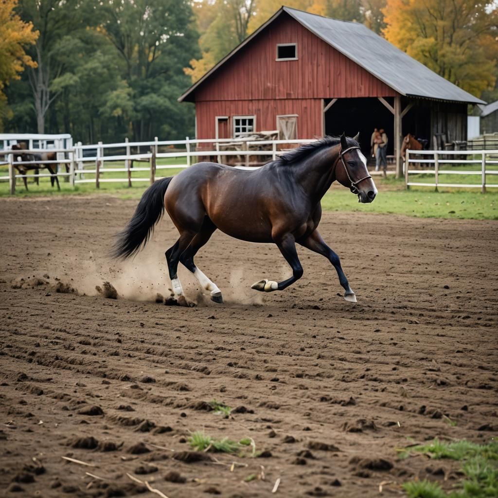 The horse raced past the barn fell