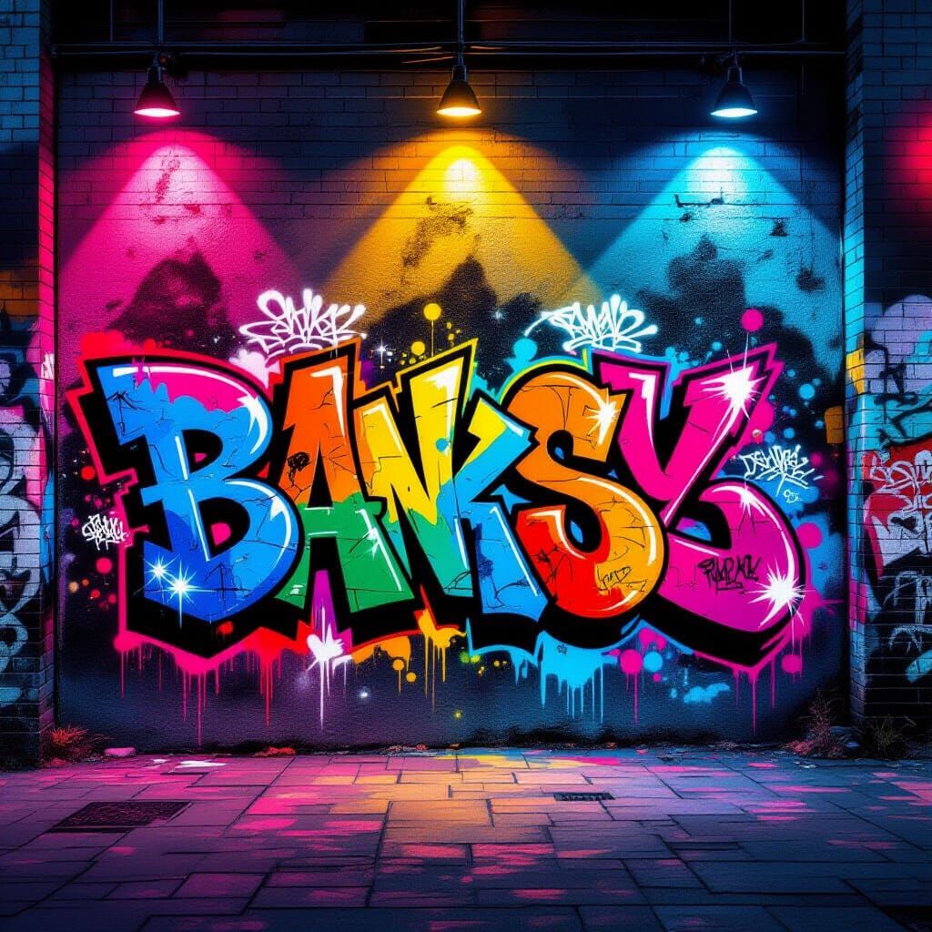 Vibrant Graffiti Mural Illuminated by Neon Lights