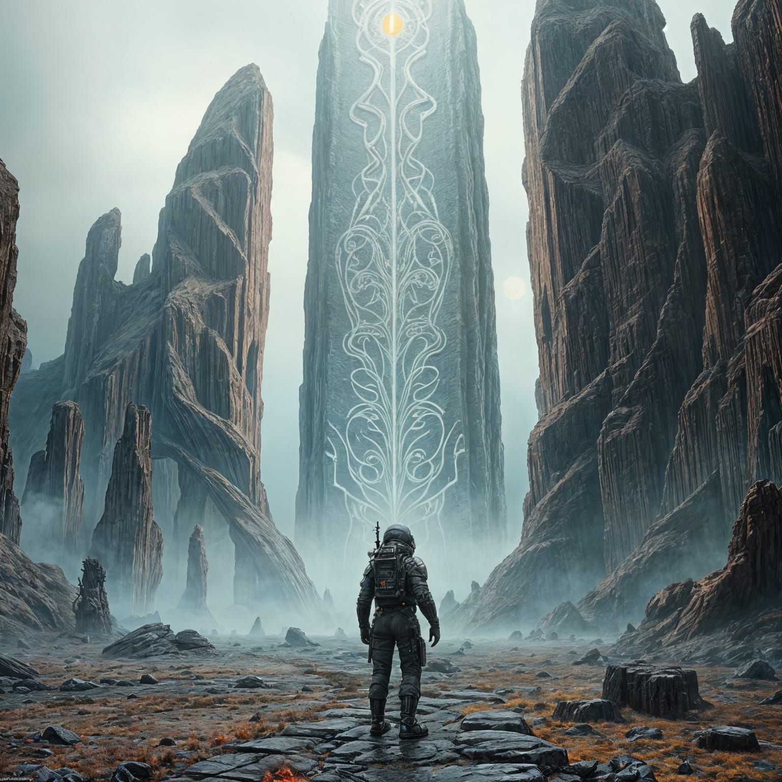 A lone astronaut discovers a colossal, biomechanical monolith on an alien planet, its surface covered ...  by @Claudio