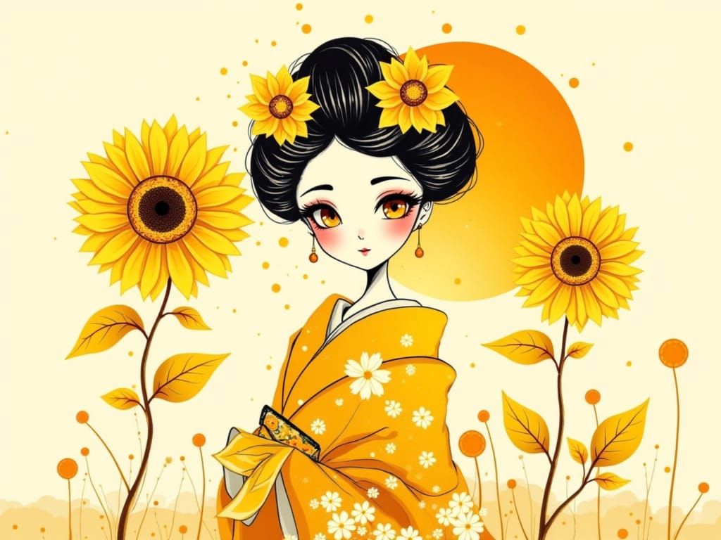 Geisha with Giant Golden Kanzashi Sunflowers

    "A whimsical Sumi-e style geisha with bold golden eyes and a matching golden splash, featu...