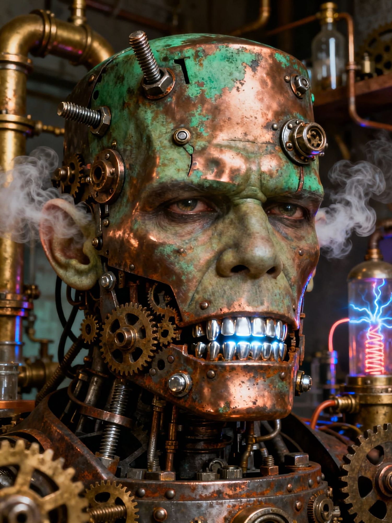 Close up portrait of Steampunk Frankenstein monster with an oxidised-cooper-plates skin, screws on the side of the head, and nails on the fo...