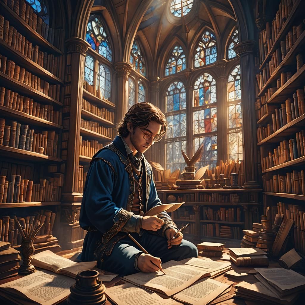Person Writing Book in Cozy Library
