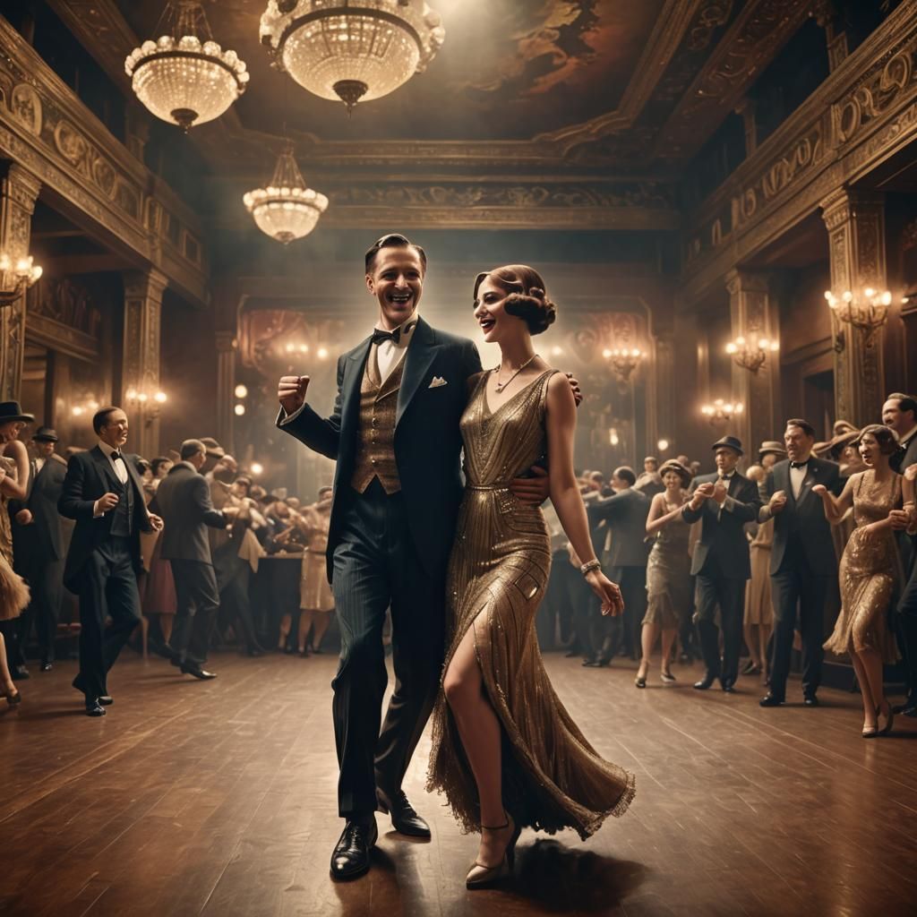 Happy man and a woman are dancing in a glamourous  American ...