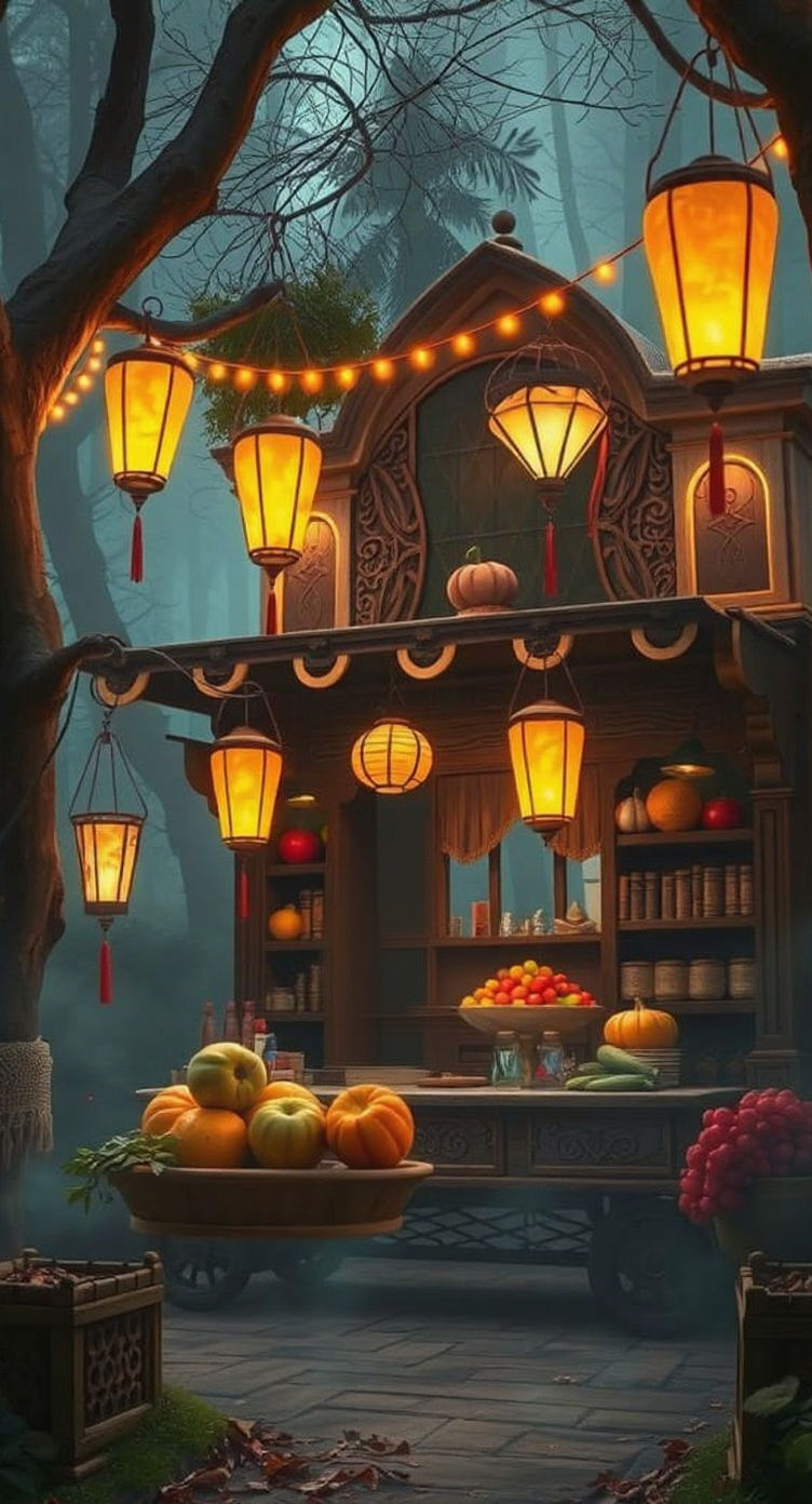 A magical twilight market stall deep in an enchanted forest. The stand is crafted from carved ancient wood, glowing softly under warm string...