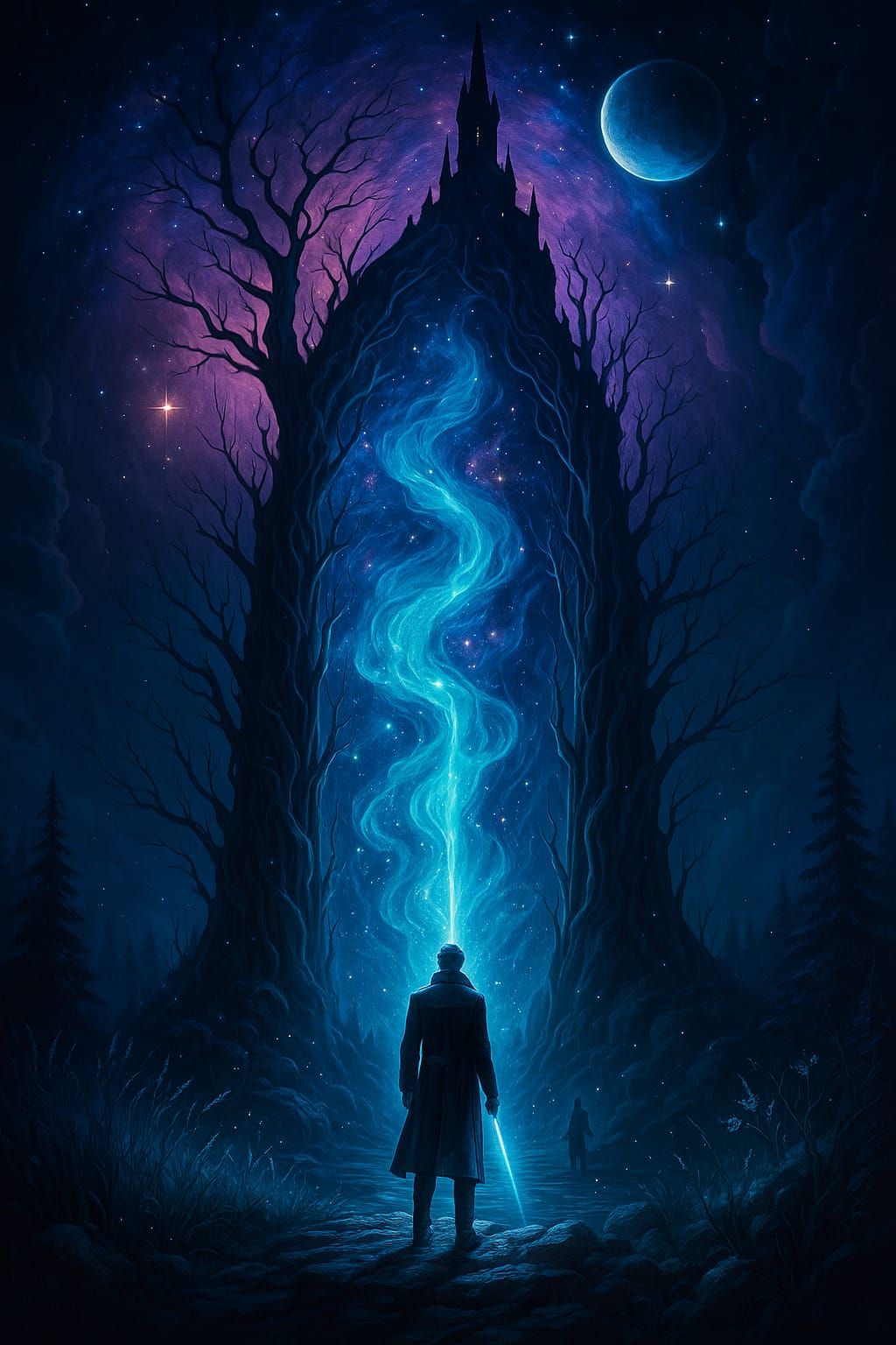 A surreal fantasy scene depicting a lone figure in a long co...