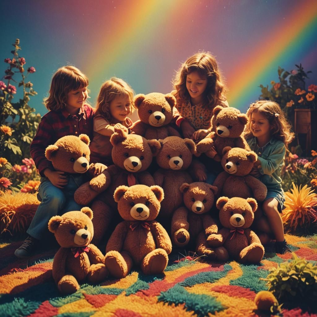 bad teddy bear awakening to life , goes crazy wild attacking kids with love and hugs dramatic realistick hq ultradetailed 8k hippie 70s look...