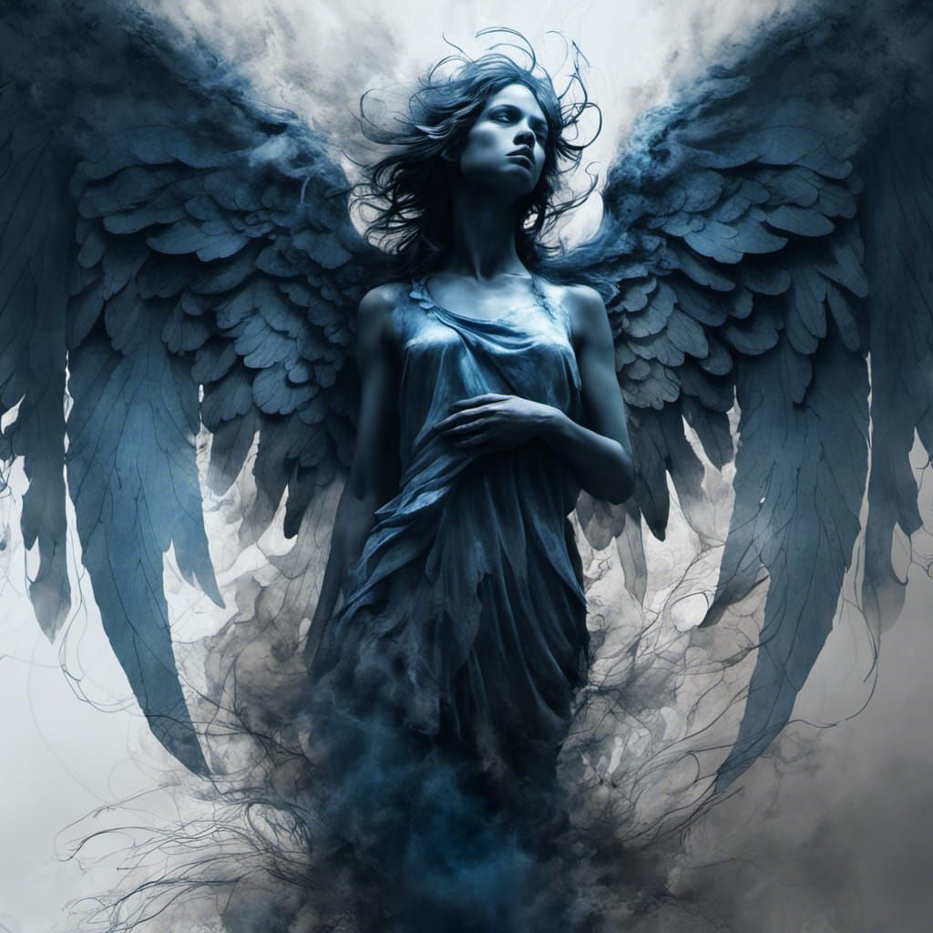 Silhouette of an Angel with broad angel wings, blue tones high tonal ...